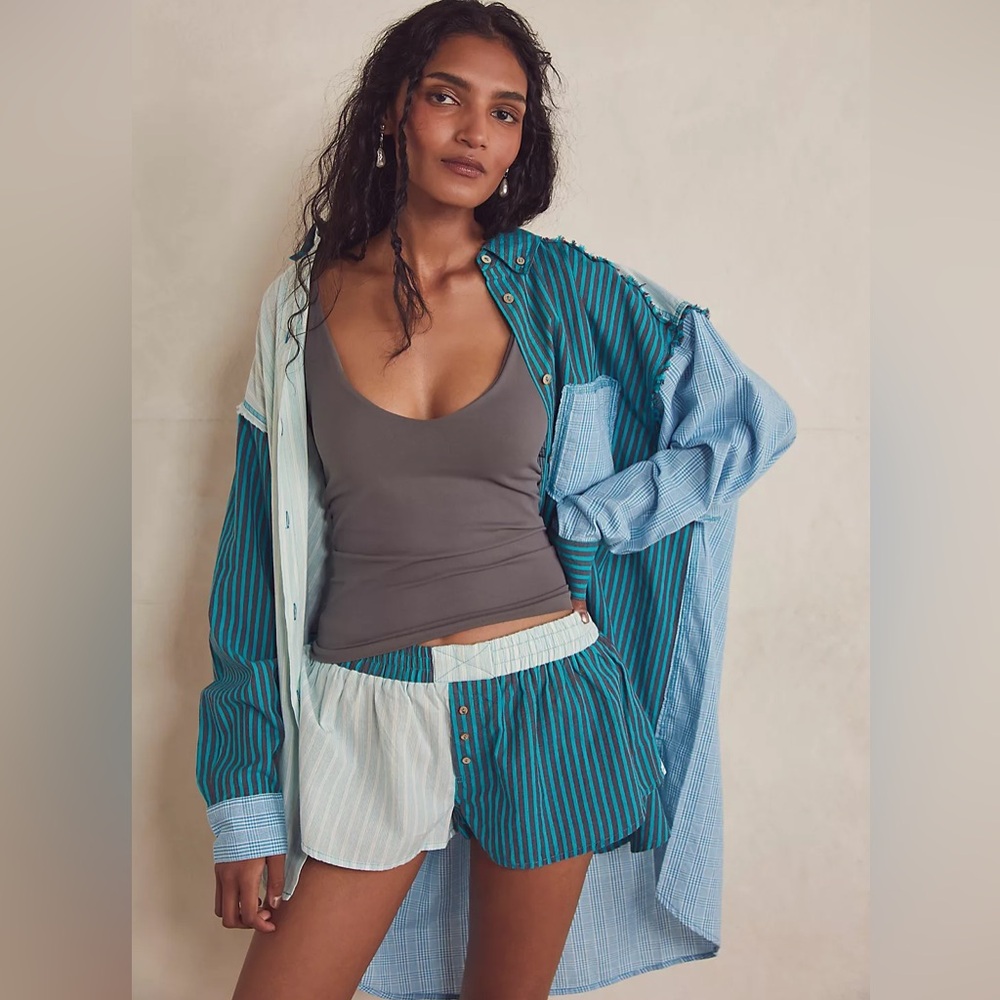 Free People Colorblock Oversized Button Up XS Bright Blue Combo